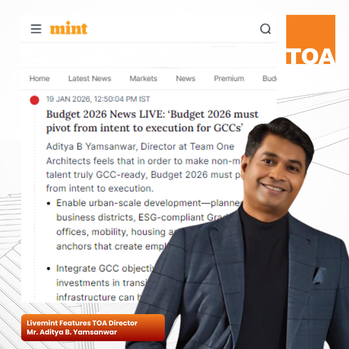 Livemint Features Team One Architects Director Mr. Aditya B. Yamsanwar on Budget 2026 Urban Priorities