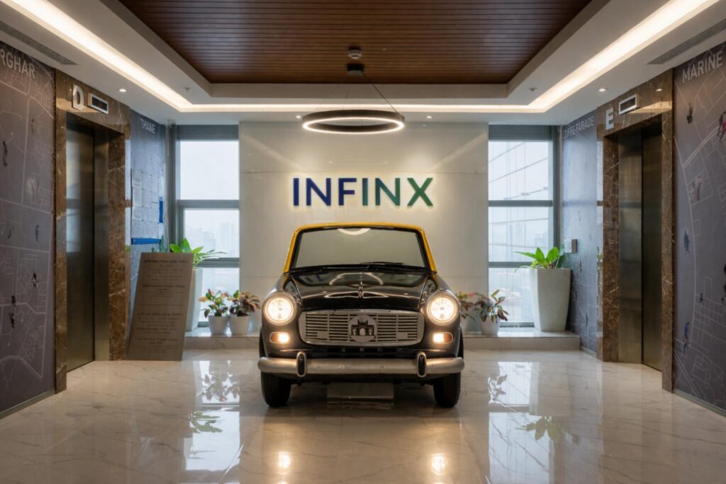 Mumbai taxi-inspired reception desk with black-and-white design at INFINX corporate office Mumbai by Team One Architects