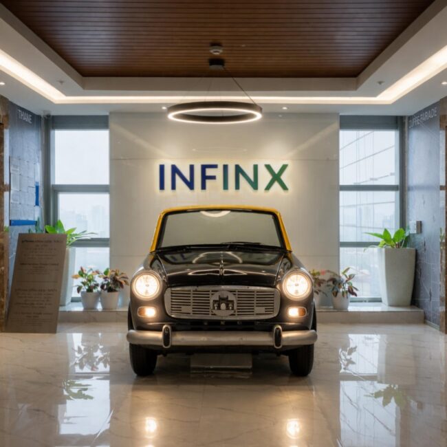 Mumbai taxi-inspired reception desk with black-and-white design at INFINX corporate office Mumbai by Team One Architects